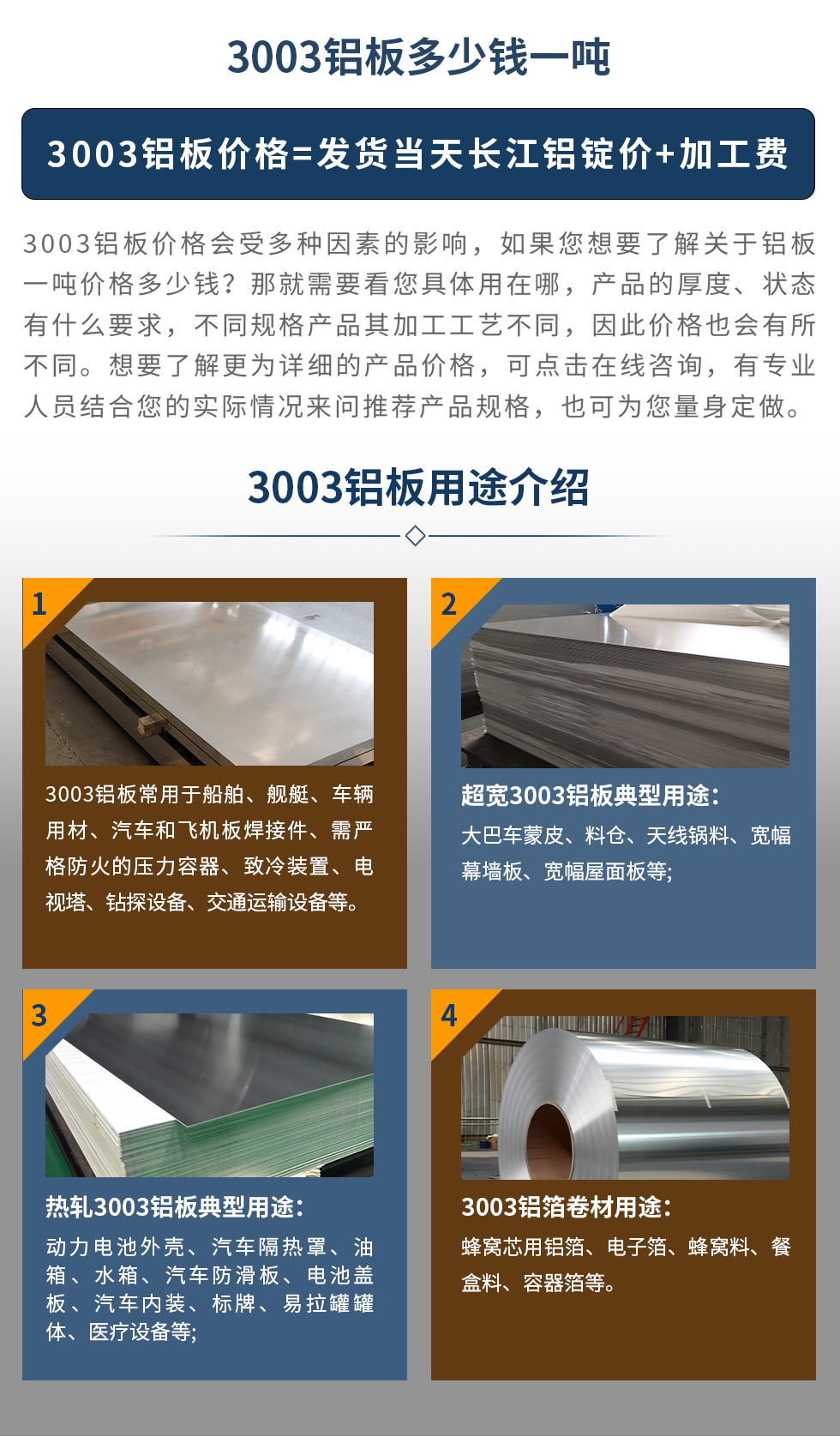 3003鋁板用途介紹
　　3003鋁板常用于船舶、艦艇、車(chē)輛用材、汽車(chē)和飛機(jī)板焊接件、需嚴(yán)格防火的壓力容器、致冷裝置、電視塔、鉆探設(shè)備、交通運(yùn)輸設(shè)備等。超寬3003鋁板典型用途：大巴車(chē)蒙皮、料倉(cāng)、天線鍋料、寬幅幕墻板、寬幅屋面板等;熱軋3003鋁板典型用途：動(dòng)力電池外殼、汽車(chē)隔熱罩、油箱、水箱、汽車(chē)防滑板、電池蓋板、汽車(chē)內(nèi)裝、標(biāo)牌、易拉罐罐體、醫(yī)療設(shè)備等;3003鋁箔卷材用途： 蜂窩芯用鋁箔、電子箔、蜂窩料、餐盒料、容器箔等。